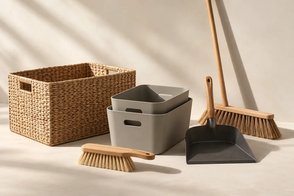 Household storage baskets, cleaning brushes and practical organizers