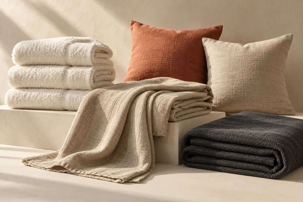 Folded cotton towels, linen throws and neutral cushion covers