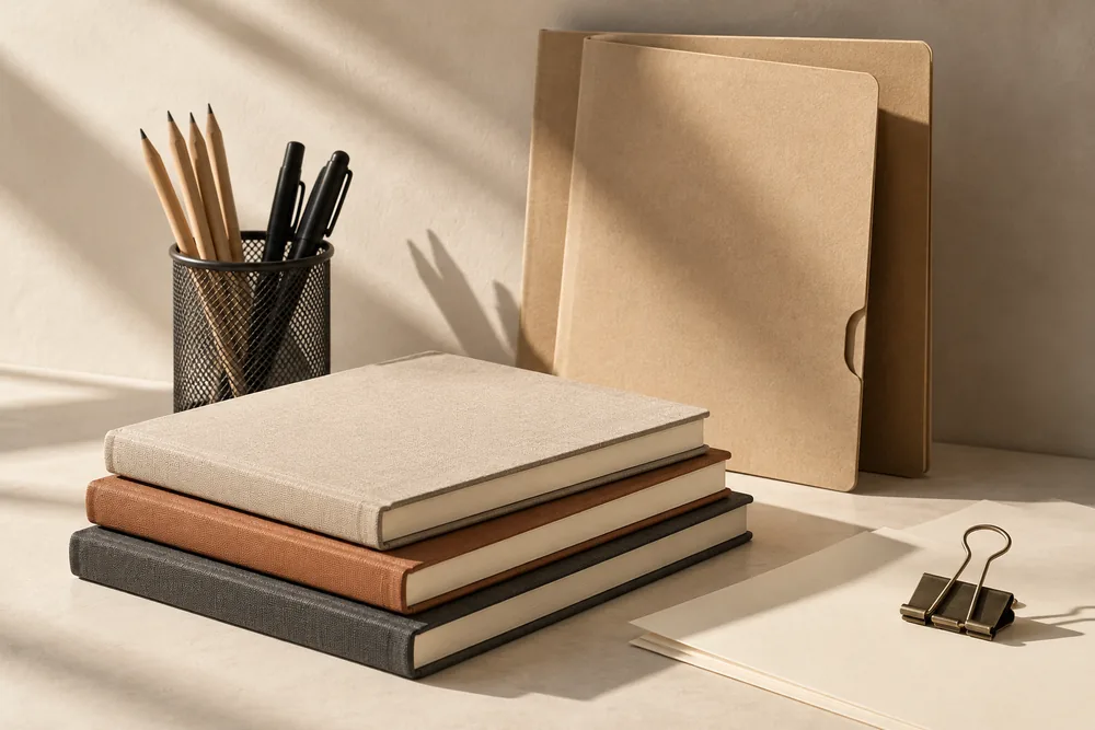 Notebooks, document folders, pens and metal desk organizers