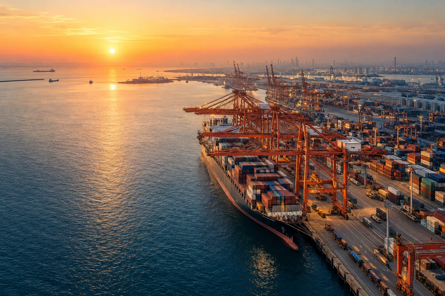 Container vessel and cargo cranes at an international seaport at sunrise