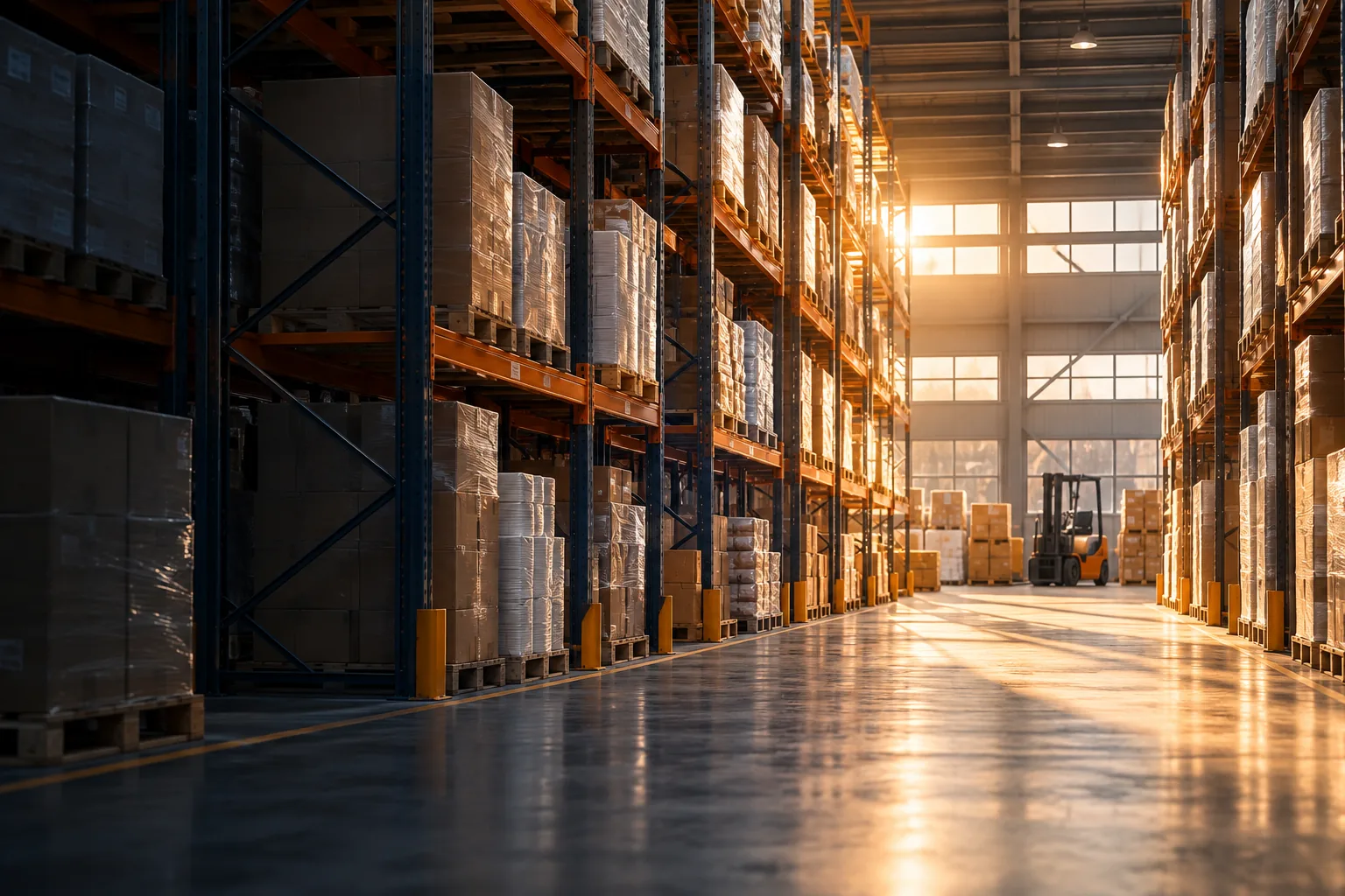Organized distribution warehouse with warm sunlight across the central aisle